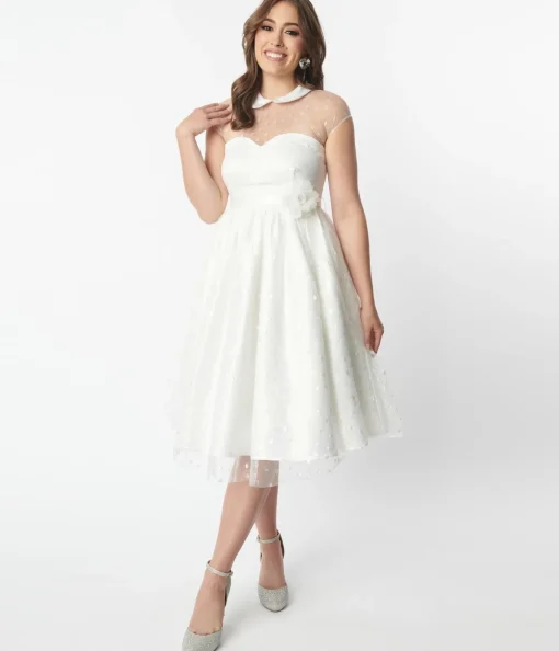 Unique Vintage White & Iridescent Heart Bridal Swing Dress