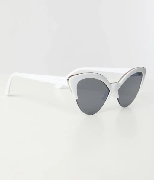 Unique Vintage White & Silver Half Rim Cat Eye Sunglasses