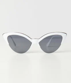 Unique Vintage White & Silver Half Rim Cat Eye Sunglasses