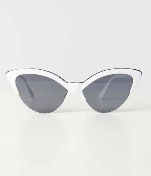 Unique Vintage White & Silver Half Rim Cat Eye Sunglasses