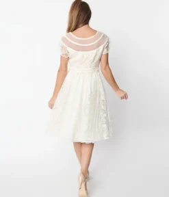 Unique Vintage White Burnout Rose Flare Dress