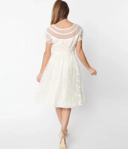 Unique Vintage White Burnout Rose Flare Dress