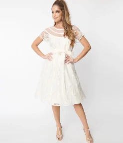 Unique Vintage White Burnout Rose Flare Dress
