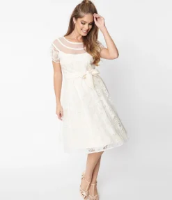 Unique Vintage White Burnout Rose Flare Dress