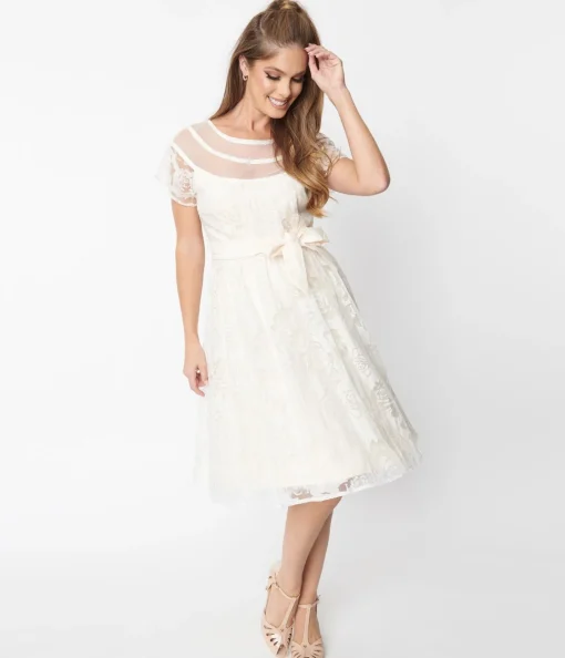 Unique Vintage White Burnout Rose Flare Dress