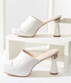 Unique Vintage White Leatherette Spiral Ball Mule Heels