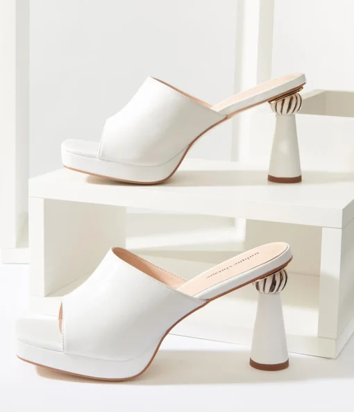 Unique Vintage White Leatherette Spiral Ball Mule Heels