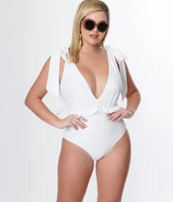 Unique Vintage White Plunge One Piece Swimsuit