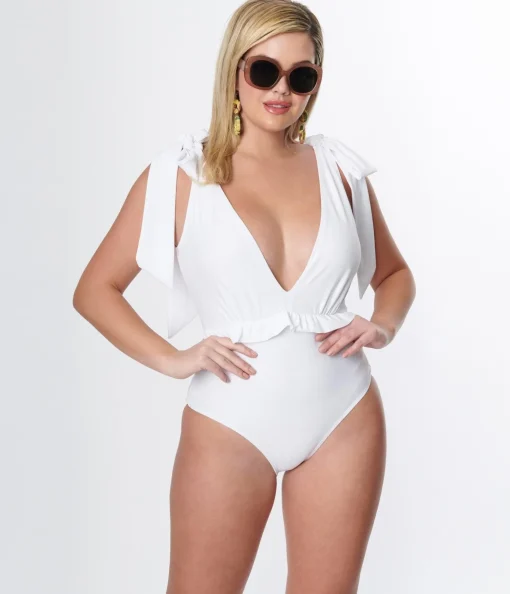 Unique Vintage White Plunge One Piece Swimsuit