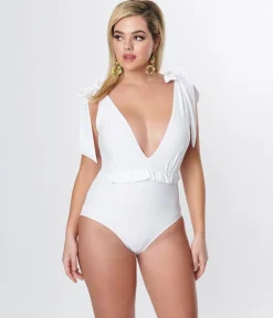 Unique Vintage White Plunge One Piece Swimsuit