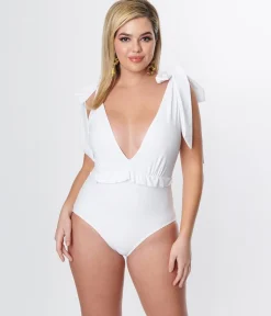 Unique Vintage White Plunge One Piece Swimsuit