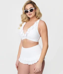 Unique Vintage White Ruffle Halter Swim Top
