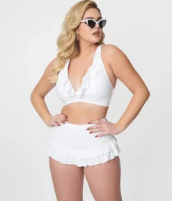 Unique Vintage White Ruffle Halter Swim Top