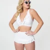 Unique Vintage White Shirred Skirt Swim Bottom