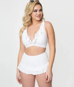Unique Vintage White Shirred Skirt Swim Bottom
