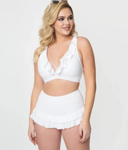 Unique Vintage White Shirred Skirt Swim Bottom