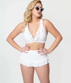 Unique Vintage White Shirred Skirt Swim Bottom