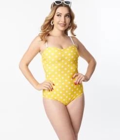 Unique Vintage Yellow & White Polka Dot Barbara One Piece Swimsuit