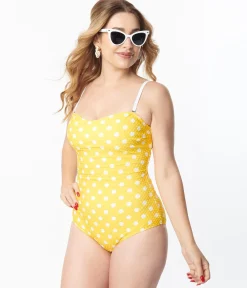 Unique Vintage Yellow & White Polka Dot Barbara One Piece Swimsuit
