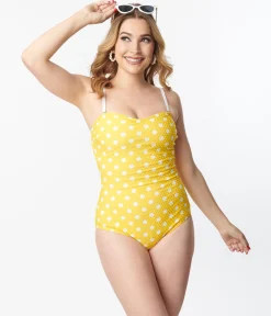 Unique Vintage Yellow & White Polka Dot Barbara One Piece Swimsuit