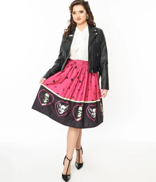 Universal Monsters x Unique Vintage Frankenstein & Bride Of Frankenstein Border Gellar Swing Skirt