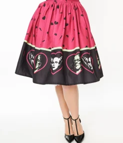 Universal Monsters x Unique Vintage Frankenstein & Bride Of Frankenstein Border Gellar Swing Skirt