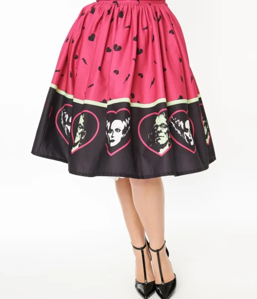 Universal Monsters x Unique Vintage Frankenstein & Bride Of Frankenstein Border Gellar Swing Skirt