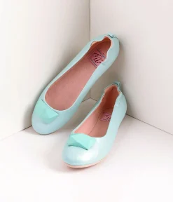 Vintage Style Aqua Blue Leatherette & Geometric Gem Ballet Flats