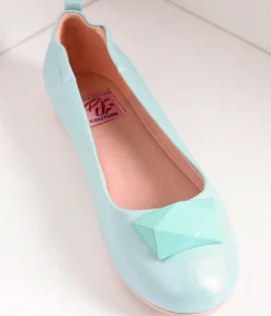 Vintage Style Aqua Blue Leatherette & Geometric Gem Ballet Flats