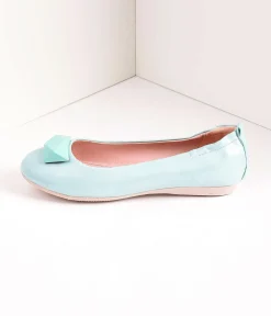 Vintage Style Aqua Blue Leatherette & Geometric Gem Ballet Flats