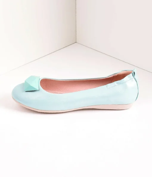 Vintage Style Aqua Blue Leatherette & Geometric Gem Ballet Flats