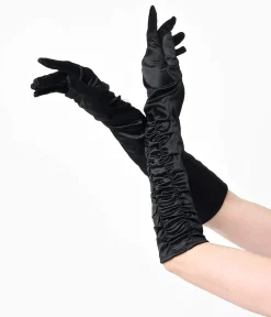 Vintage Style Black Elbow Length Ruched Opera Gloves