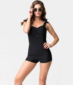 Vintage Style Black Pin-Up Romper Swimsuit