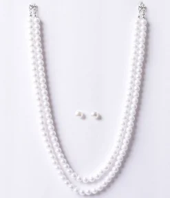 Vintage Style Ivory Pearl Beaded Double Necklace & Earring Set