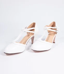 Vintage Style White Leatherette Round Toe T-Strap Heels