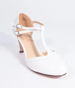 Vintage Style White Leatherette Round Toe T-Strap Heels