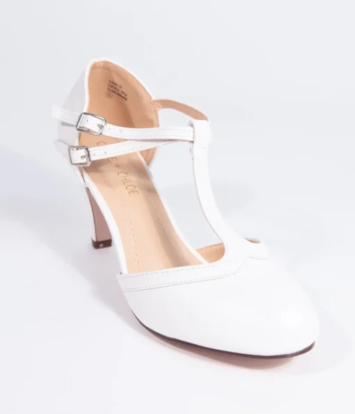 Vintage Style White Leatherette Round Toe T-Strap Heels