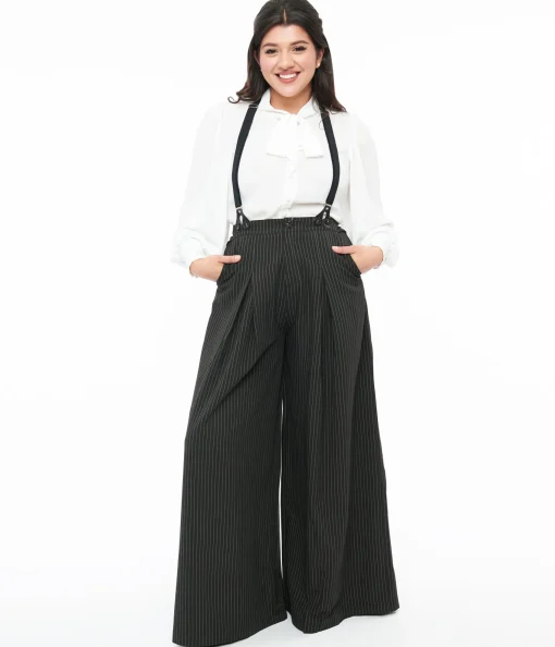 Voodoo Vixen Black & White Pinstripe Suspender Trousers