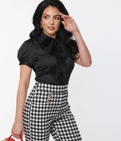 Voodoo Vixen Black Bold Bow Satin Blouse