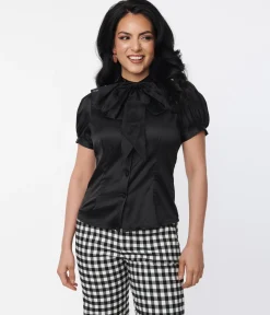 Voodoo Vixen Black Bold Bow Satin Blouse