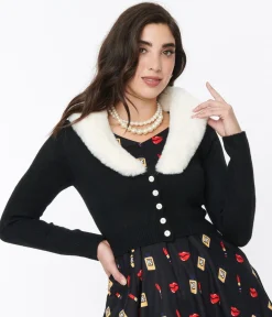 Voodoo Vixen Black Faux Fur Collar Cropped Cardigan