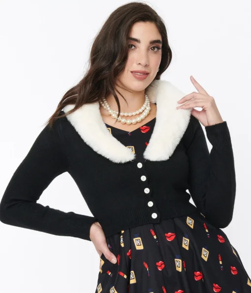 Voodoo Vixen Black Faux Fur Collar Cropped Cardigan