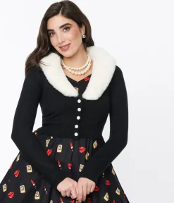 Voodoo Vixen Black Faux Fur Collar Cropped Cardigan