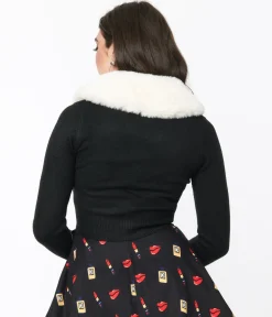 Voodoo Vixen Black Faux Fur Collar Cropped Cardigan