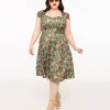 Voodoo Vixen Plus Size 1950s Green Woodland Creatures Print Swing Dress