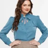 Voodoo Vixen 1950s Blue Keyhole Tie Neck Blouse