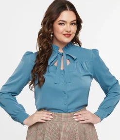 Voodoo Vixen 1950s Blue Keyhole Tie Neck Blouse