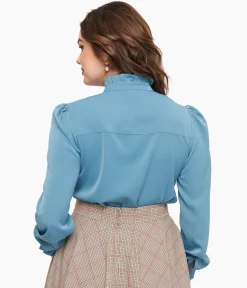 Voodoo Vixen 1950s Blue Keyhole Tie Neck Blouse
