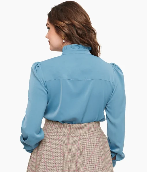 Voodoo Vixen 1950s Blue Keyhole Tie Neck Blouse