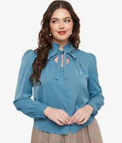 Voodoo Vixen 1950s Blue Keyhole Tie Neck Blouse